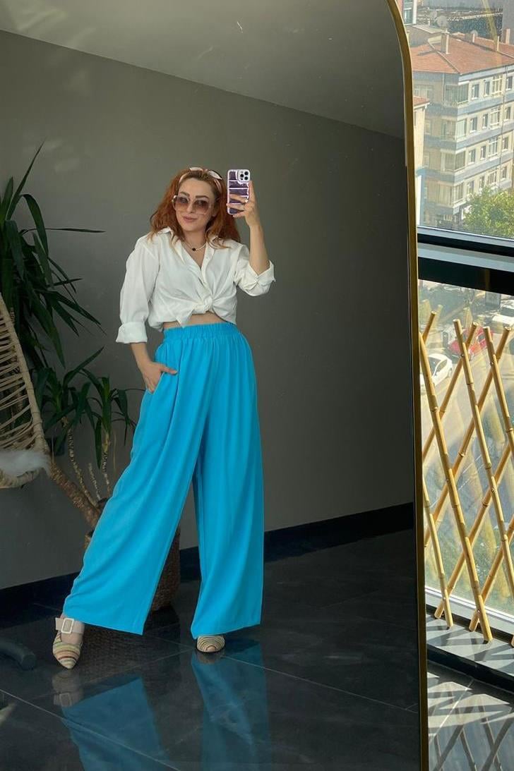 Mavi Beli Lastikli Bol Kesim Pantolon