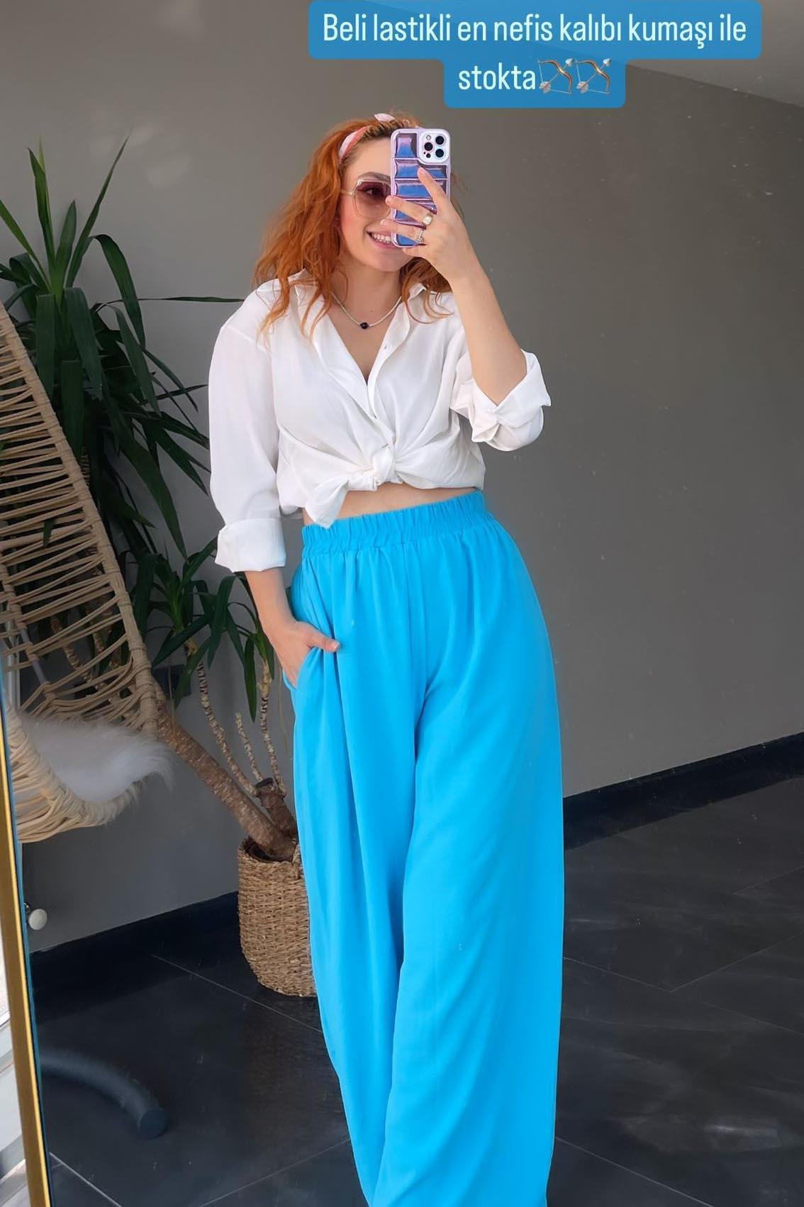 Mavi Beli Lastikli Bol Kesim Pantolon