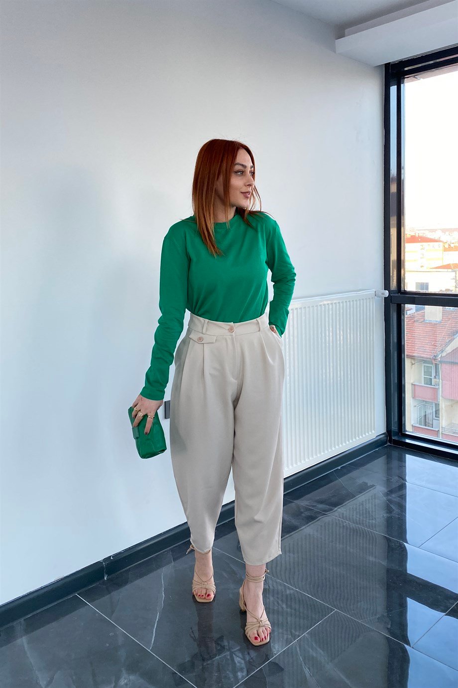 Yeşil Basic Uzun Kol Bluz