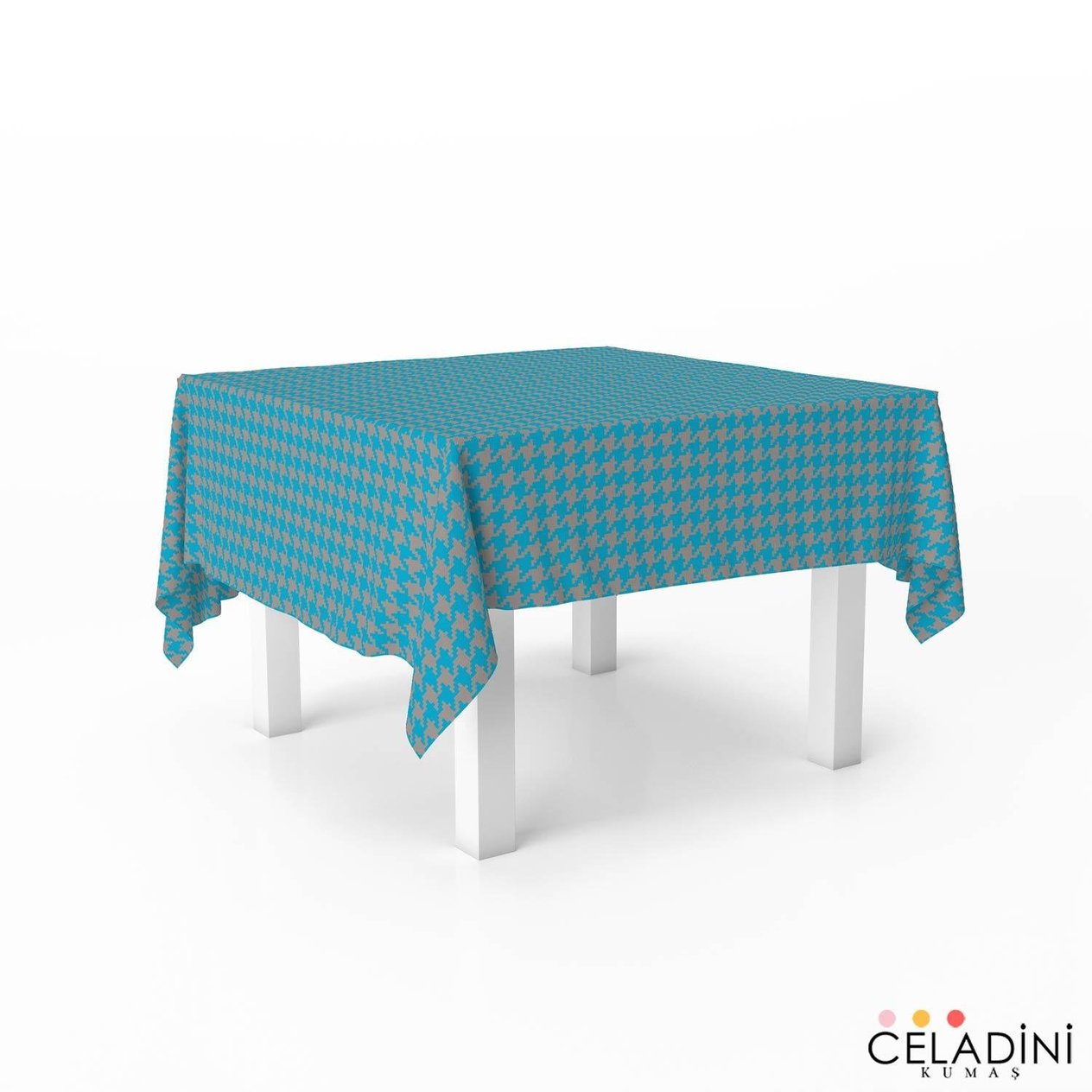 140x140 cm Gri Mavi Kaz Ayağı Masa Örtüsü Kumaşı