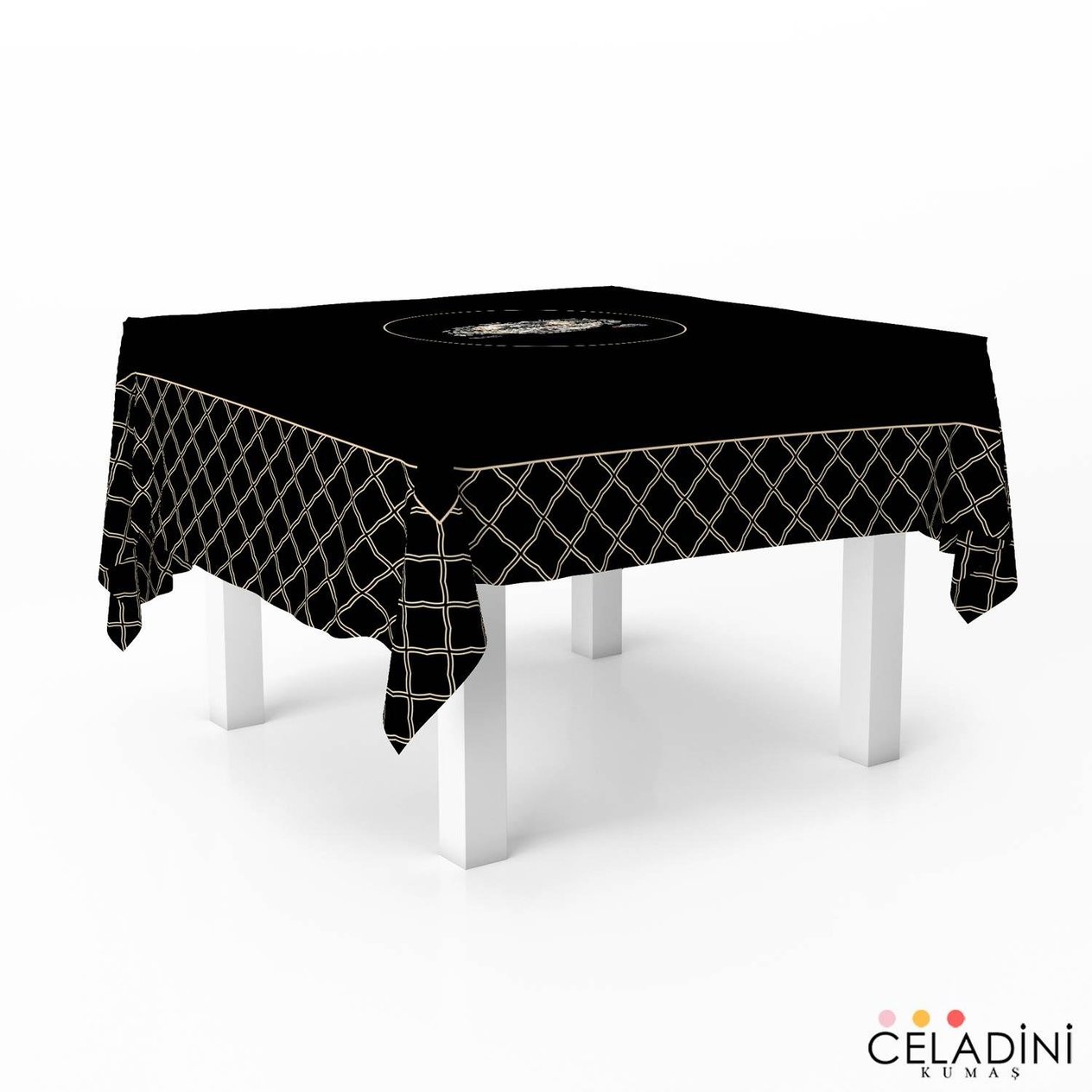 140x140 cm Kafes Motifli Ramazan Serisi Masa Örtüsü Kumaşı Siyah