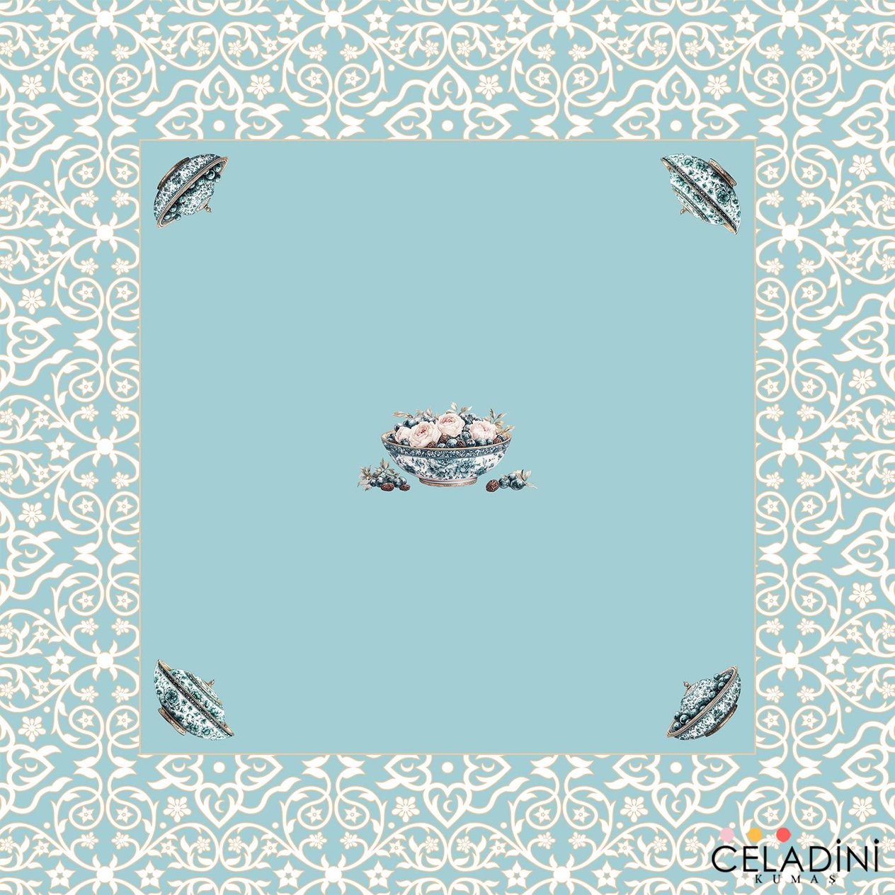 140x140 cm Saray Motifli Ramazan Serisi  Masa Örtüsü Kumaşı Mint Yeşil