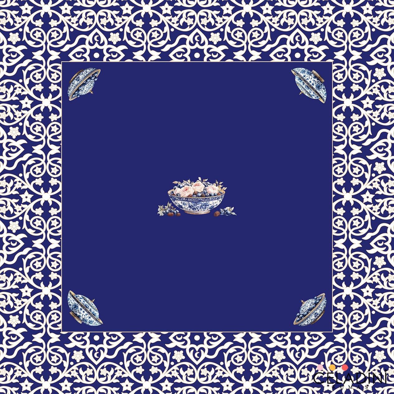 140x140 cm Saray Motifli Ramazan Serisi  Masa Örtüsü Kumaşı Lacivert