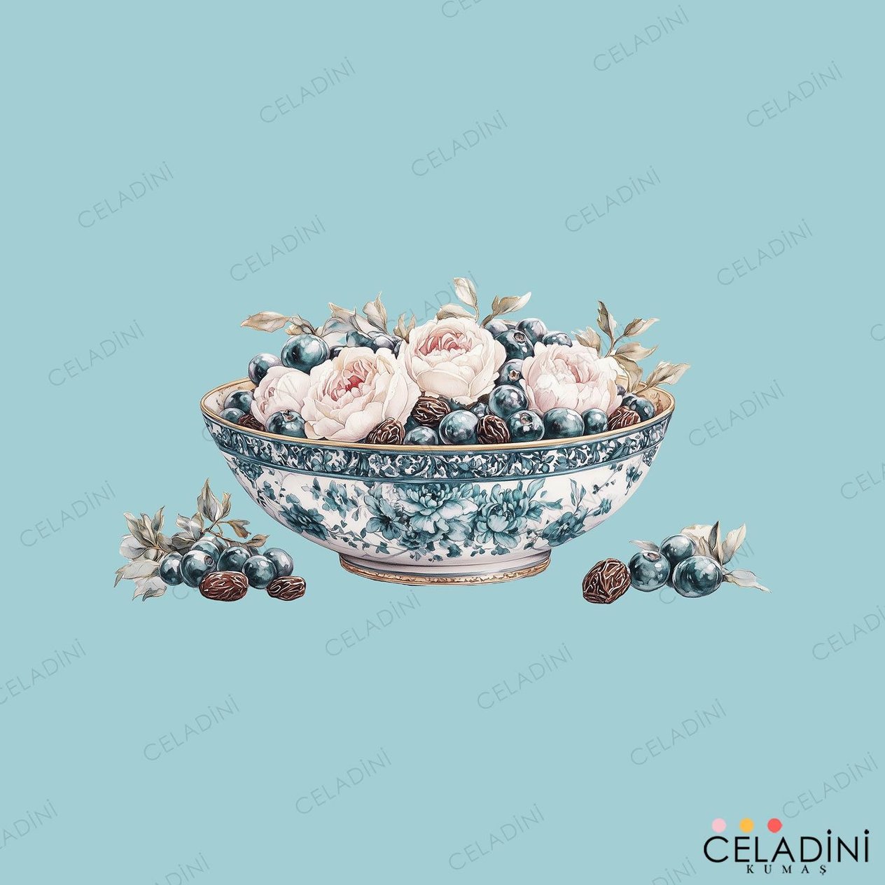 140x140 cm Saray Motifli Ramazan Serisi  Masa Örtüsü Kumaşı Mint Yeşil