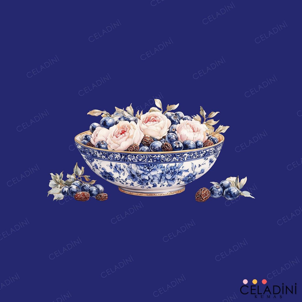 140x140 cm Saray Motifli Ramazan Serisi  Masa Örtüsü Kumaşı Lacivert