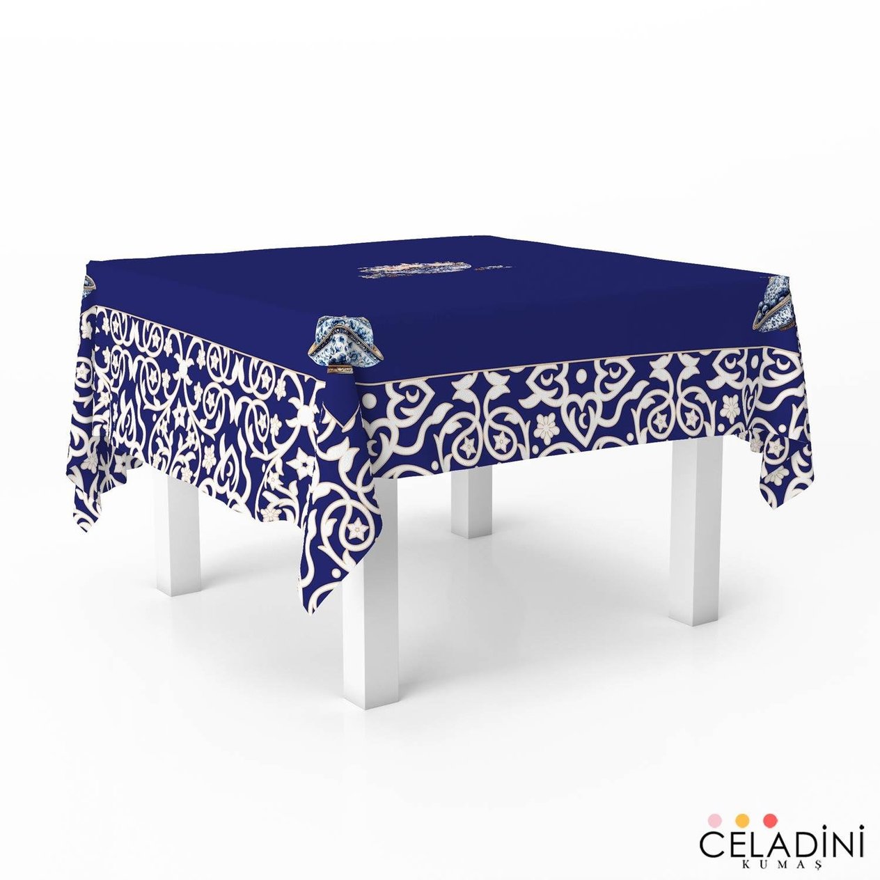 140x140 cm Saray Motifli Ramazan Serisi  Masa Örtüsü Kumaşı Lacivert