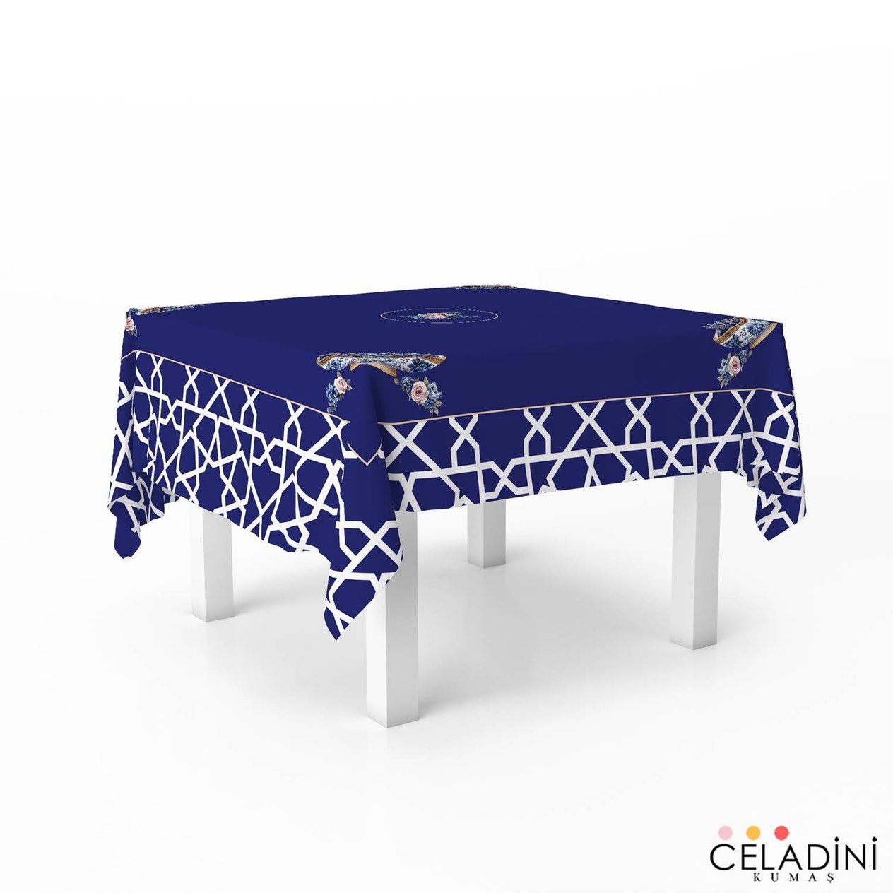 140x140 cm Selçuklu Motifli Ramazan Serisi Masa Örtüsü Kumaşı Lacivert