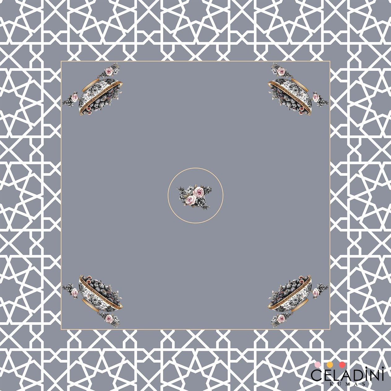 140x140 cm Selçuklu Motifli Ramazan Serisi Masa Örtüsü Kumaşı Gri