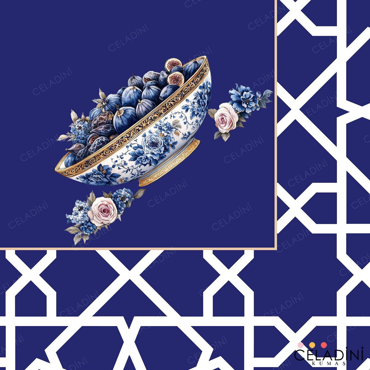 140x140 cm Selçuklu Motifli Ramazan Serisi Masa Örtüsü Kumaşı Lacivert