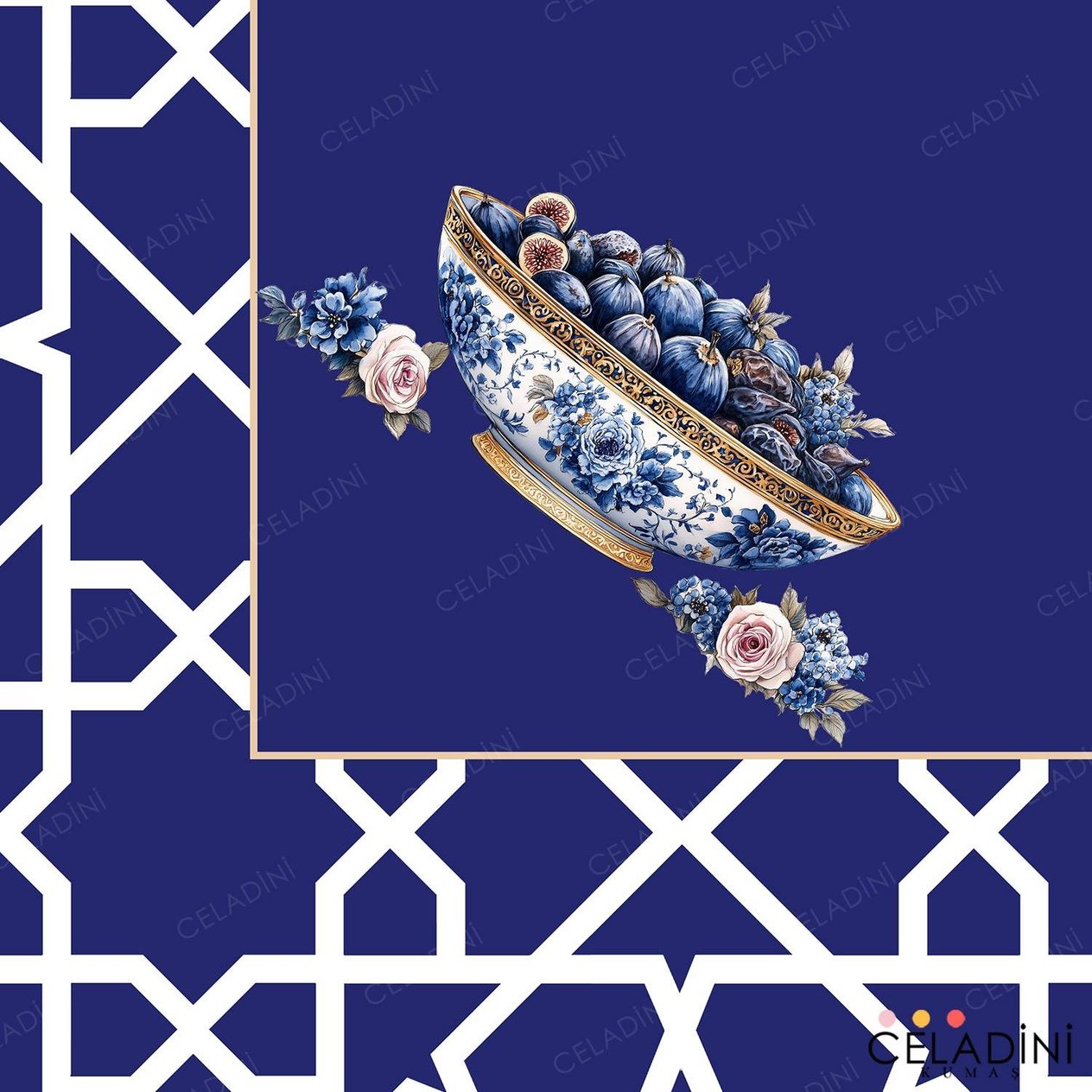 140x140 cm Selçuklu Motifli Ramazan Serisi Masa Örtüsü Kumaşı Lacivert
