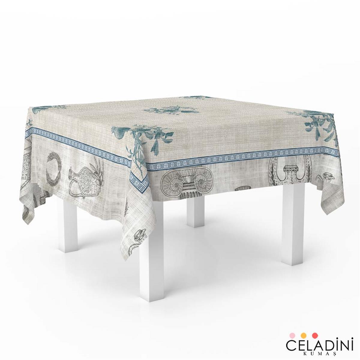 140x140cm Antik Seri Masa Örtüsü Kumaşı Mavi