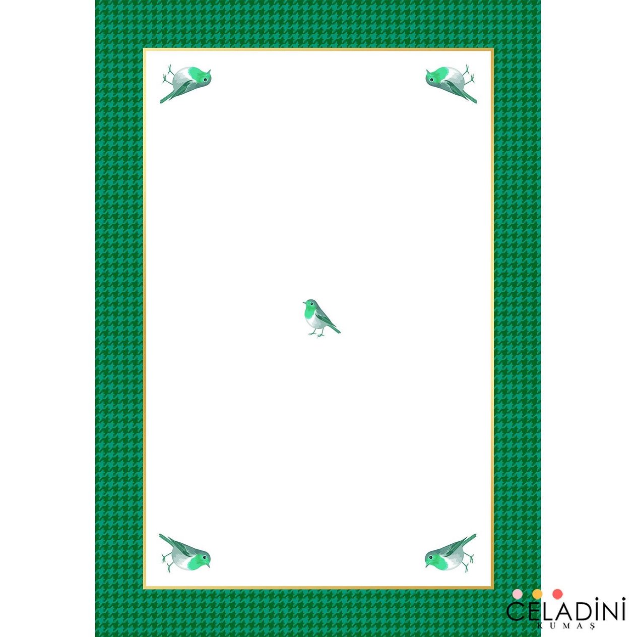 140x200 cm Petrol Yeşili ve Mint Kuşlu Kaz Ayağı Masa Örtüsü Kumaşı