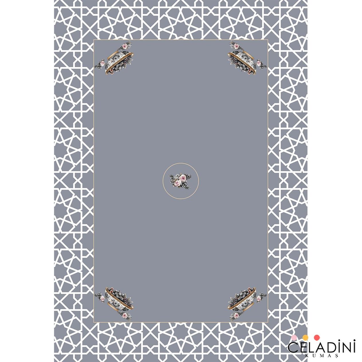 140x200 cm Selçuklu Motifli Ramazan Serisi Masa Örtüsü Kumaşı Gri