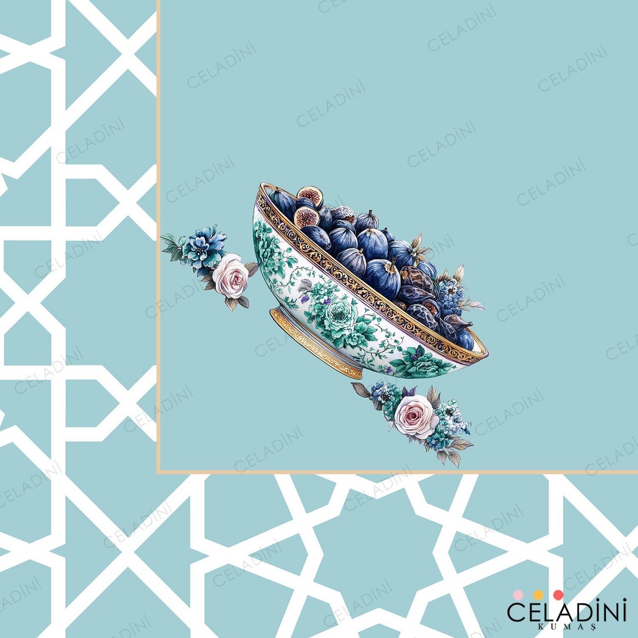 140x200 cm Selçuklu Motifli Ramazan Serisi Masa Örtüsü Kumaşı Mint Yeşil