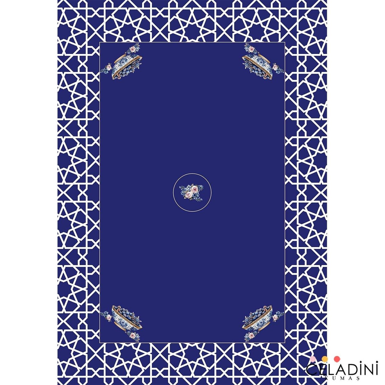 140x200 cm Selçuklu Motifli Ramazan Serisi Masa Örtüsü Kumaşı Lacivert