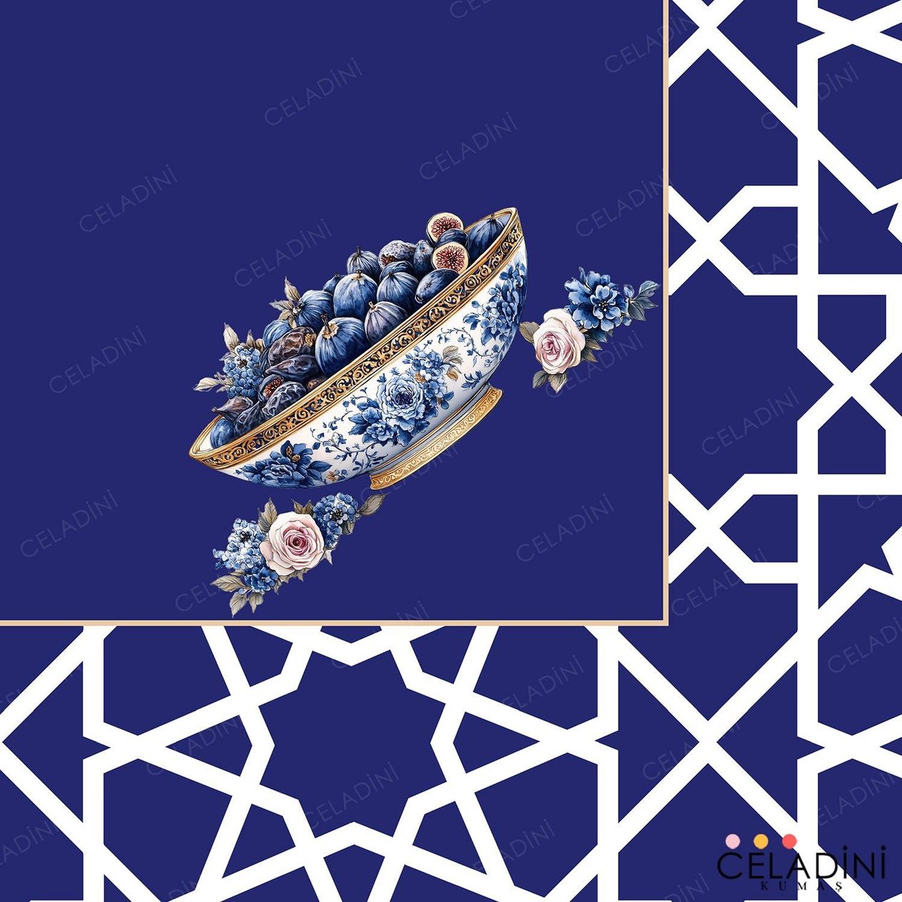 140x200 cm Selçuklu Motifli Ramazan Serisi Masa Örtüsü Kumaşı Lacivert