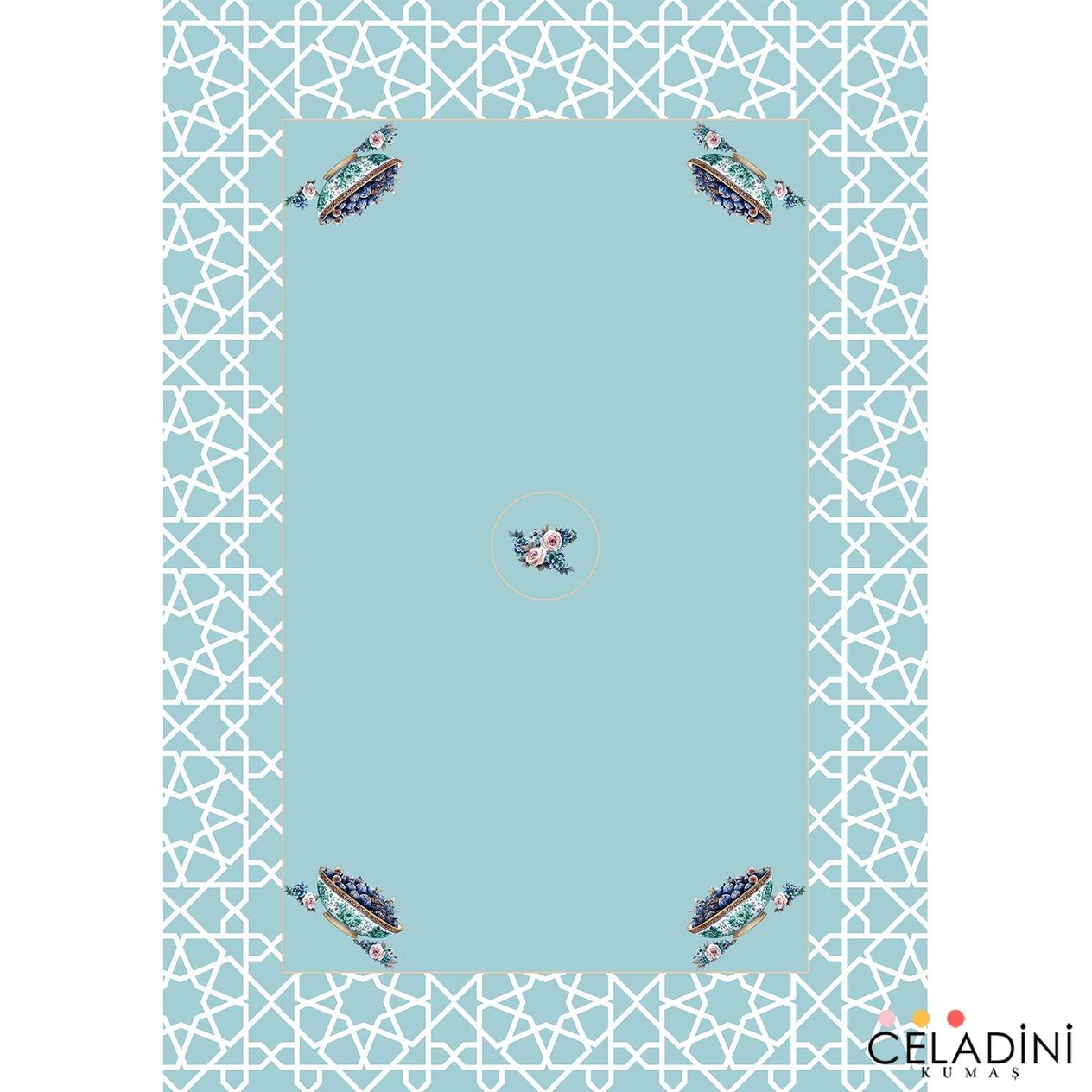 140x200 cm Selçuklu Motifli Ramazan Serisi Masa Örtüsü Kumaşı Mint Yeşil