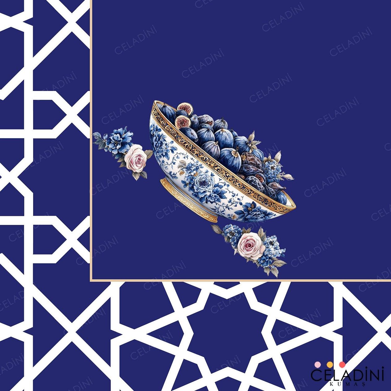 140x200 cm Selçuklu Motifli Ramazan Serisi Masa Örtüsü Kumaşı Lacivert