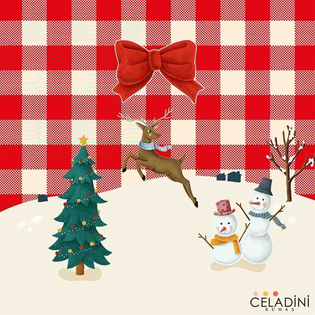 45x45 cm Kırmızı Ekose Yılbaşı Kırlent Kumaşı