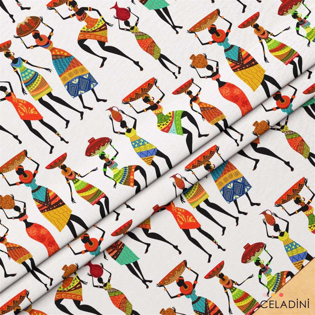 Afrikalı Kadınlar Desenli Kumaş Versiyon-1 (Beyaz)