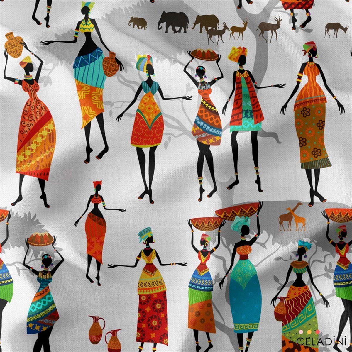 Afrikalı Kadınlar Desenli Kumaş Versiyon-2 (Beyaz)