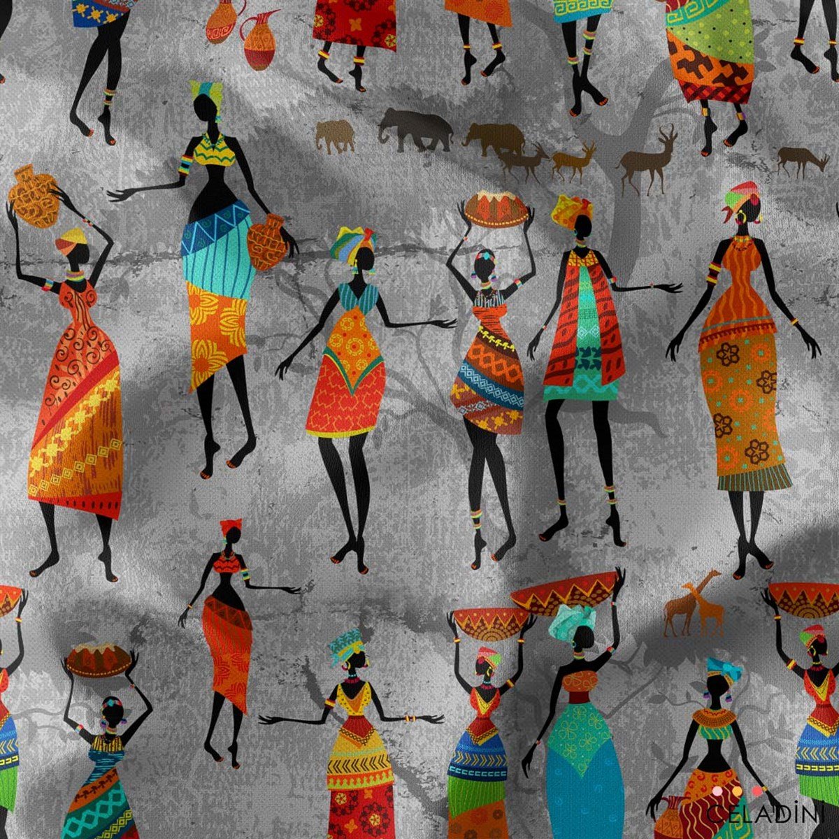 Afrikalı Kadınlar Desenli Kumaş Versiyon-2 (Gri)
