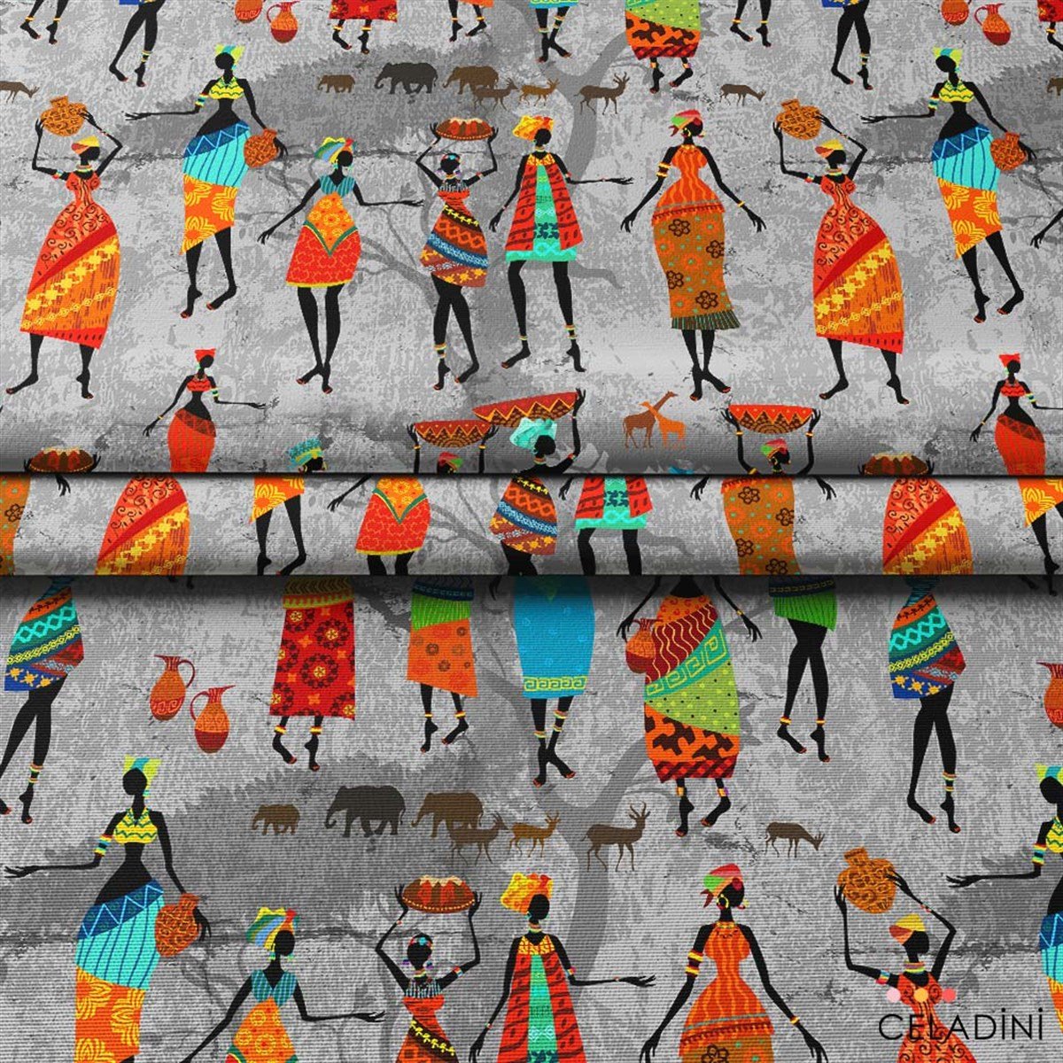 Afrikalı Kadınlar Desenli Kumaş Versiyon-2 (Gri)