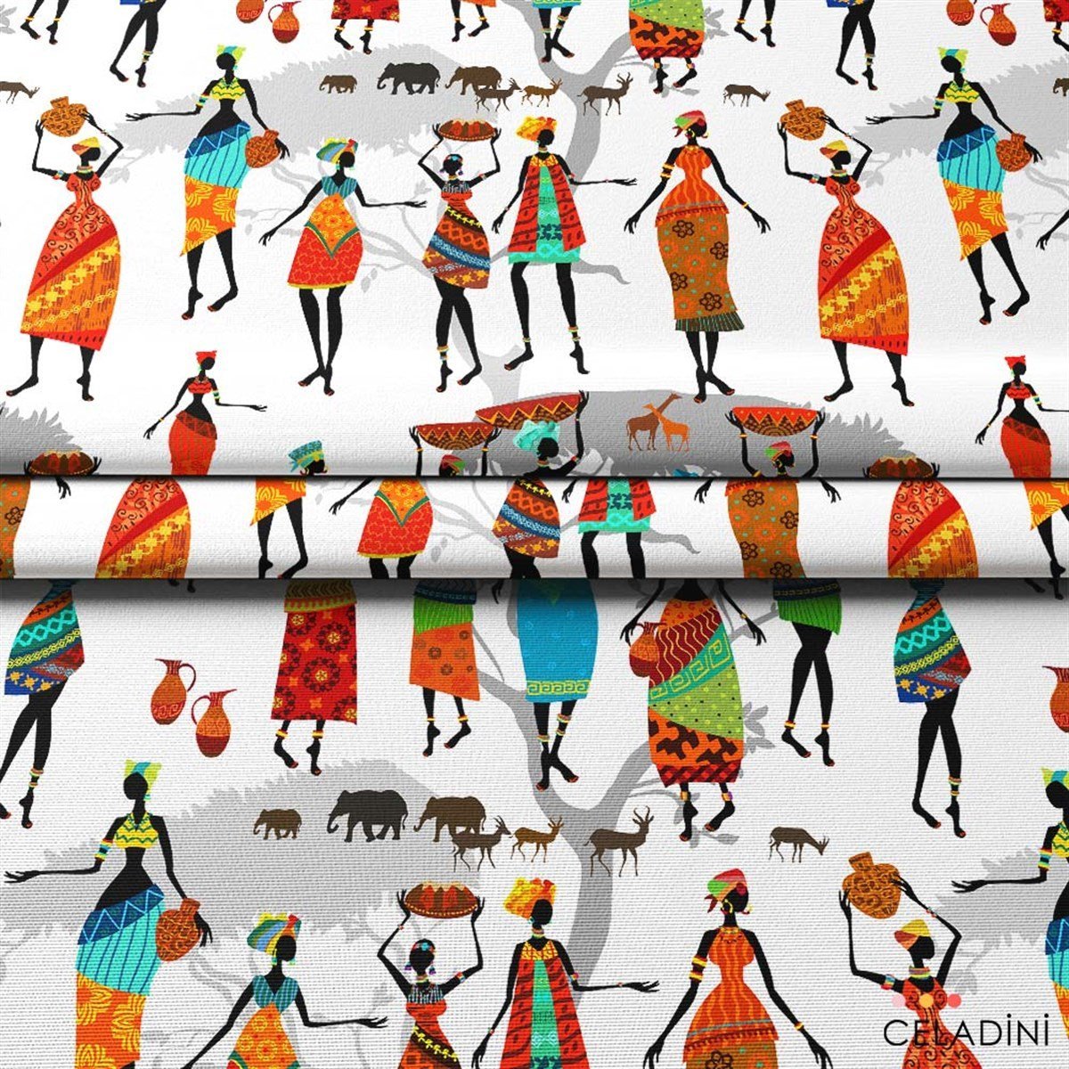 Afrikalı Kadınlar Desenli Kumaş Versiyon-2 (Beyaz)