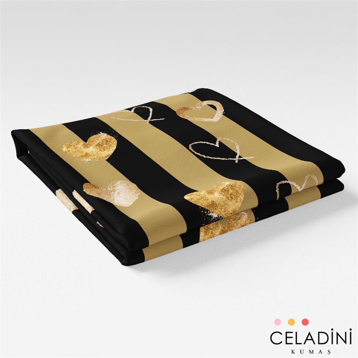 Altın Siyah 5x5 cm Çizgili Kalpli Sevgililer Günü Kumaşı 