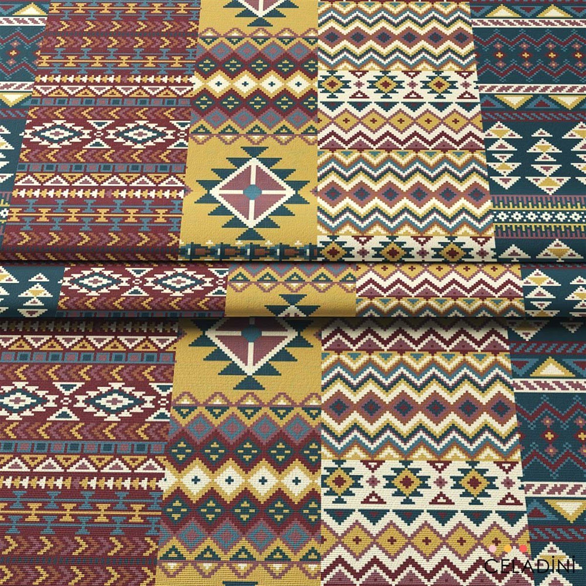 Aztek Pachwork Desenli Kumaş (Kilim Renklerde)