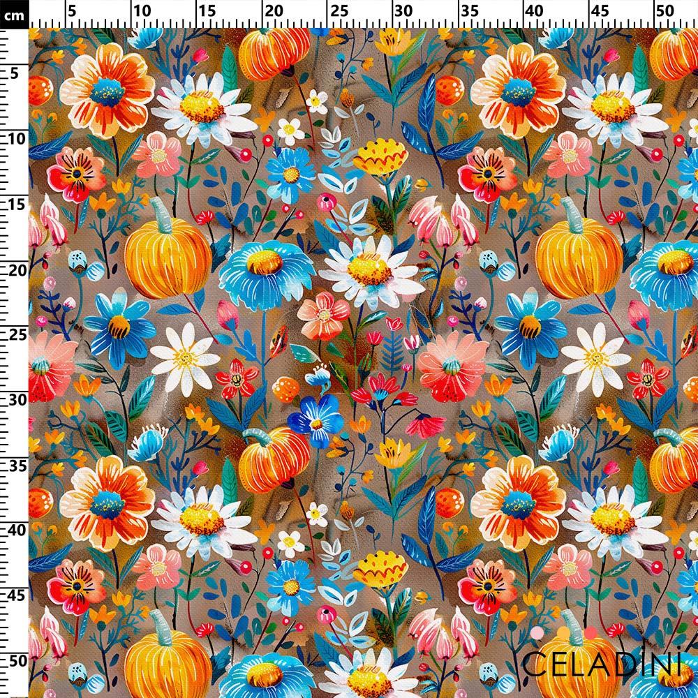 Balkabağı Çiçek Bahçesi Desenli Kumaş