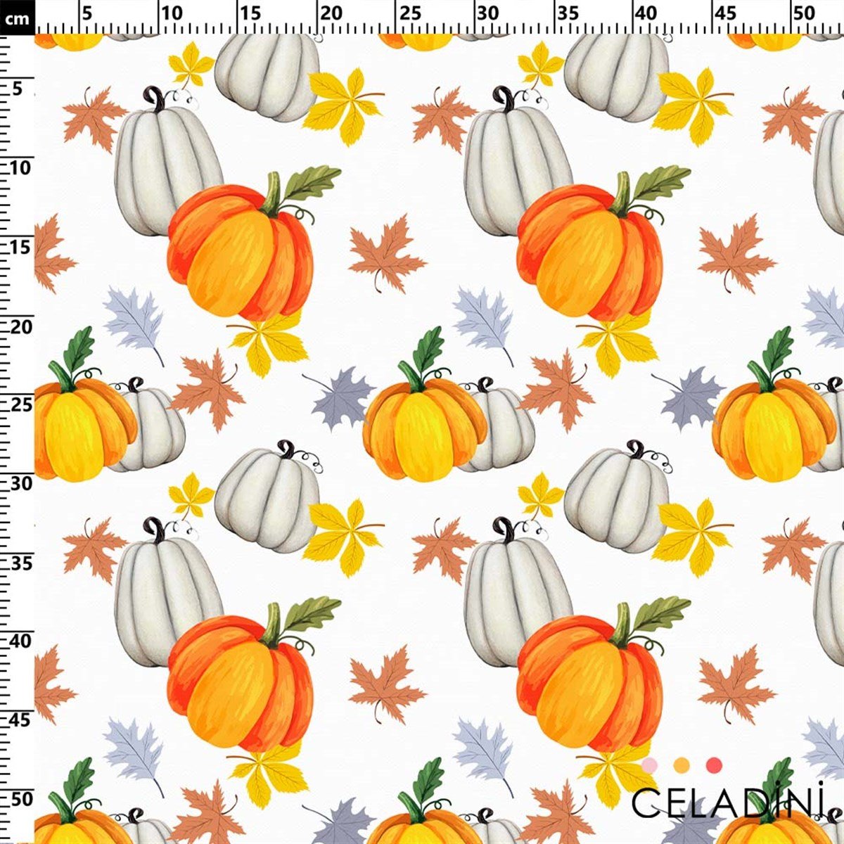 Beyaz Fon Balkabağı Desenli Kumaş