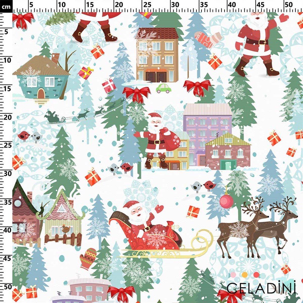 Beyaz Fon Noel Baba Desenli Yılbaşı Kumaşı