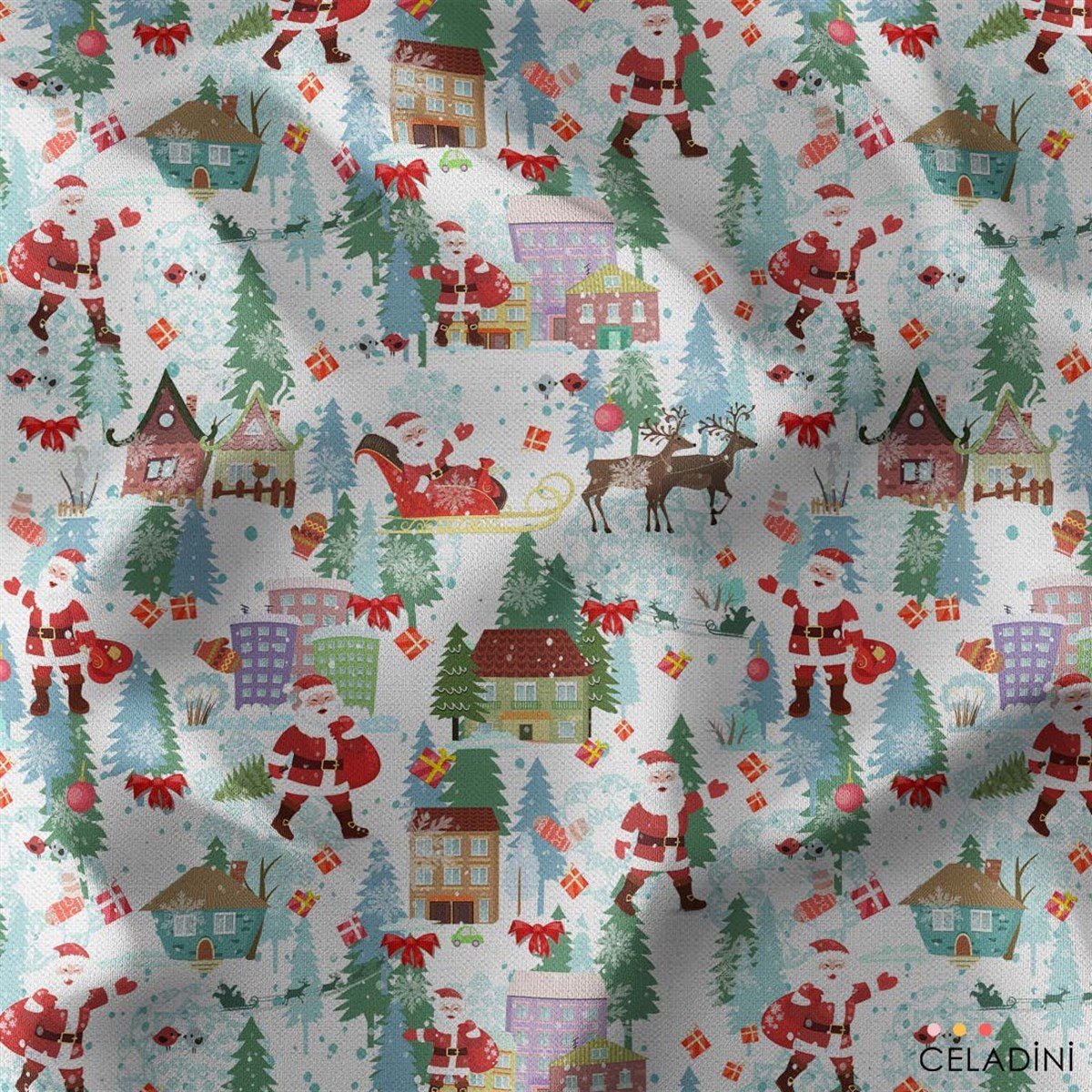 Beyaz Fon Noel Baba Desenli Yılbaşı Kumaşı