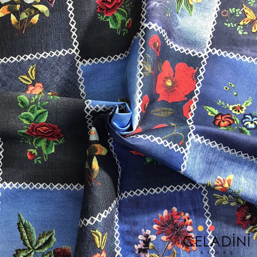 Blue Jean Patchwork (Beyaz Dikişli) Desenli Kumaş