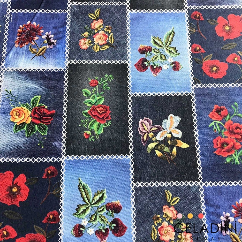 Blue Jean Patchwork (Beyaz Dikişli) Desenli Kumaş