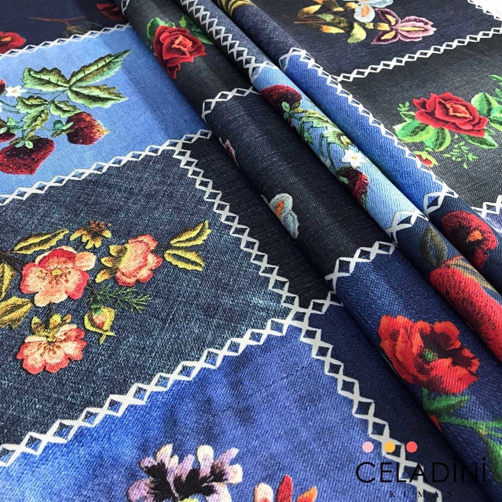 Blue Jean Patchwork (Beyaz Dikişli) Desenli Kumaş