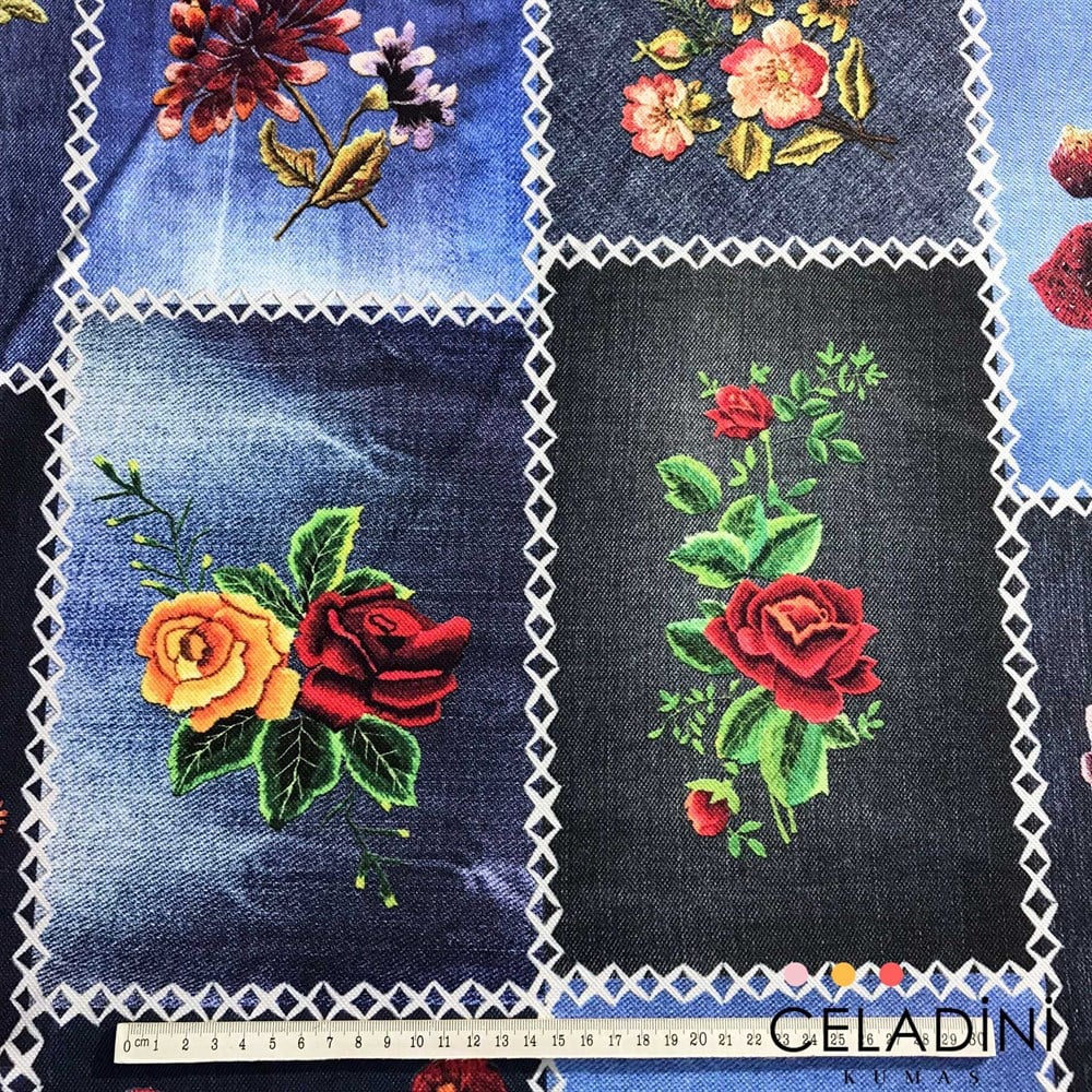 Blue Jean Patchwork (Beyaz Dikişli) Desenli Kumaş