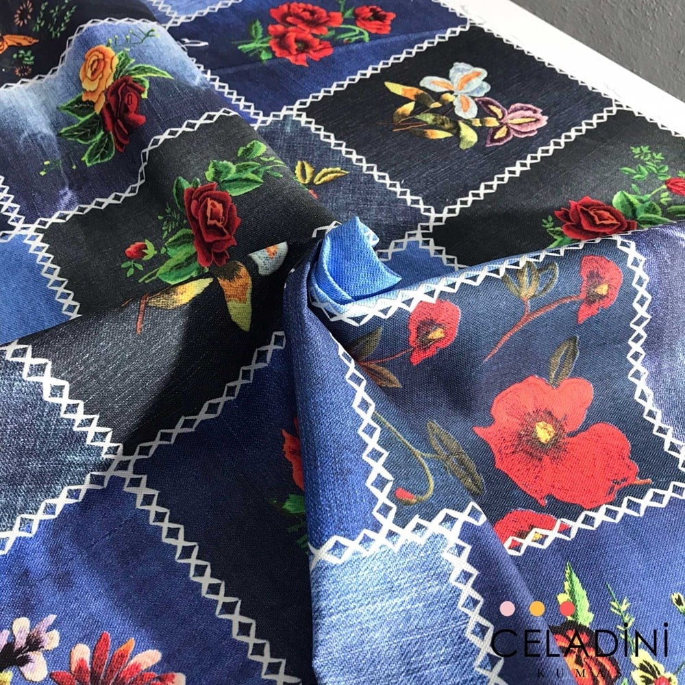 Blue Jean Patchwork (Beyaz Dikişli) Desenli Kumaş