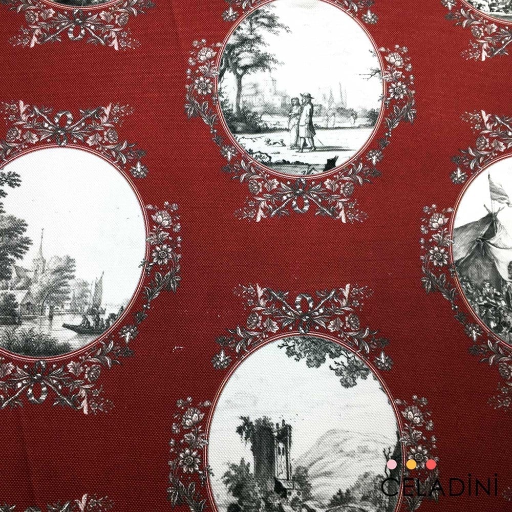 Bordo Toile de Jouy Desenli Kumaş