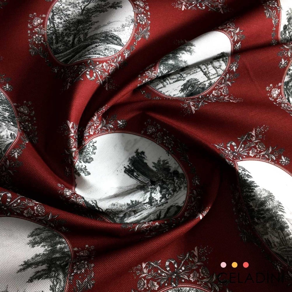 Bordo Toile de Jouy Desenli Kumaş