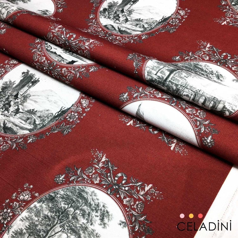 Bordo Toile de Jouy Desenli Kumaş