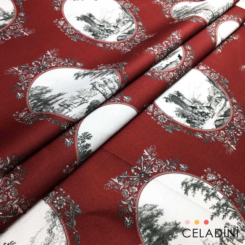 Bordo Toile de Jouy Desenli Kumaş