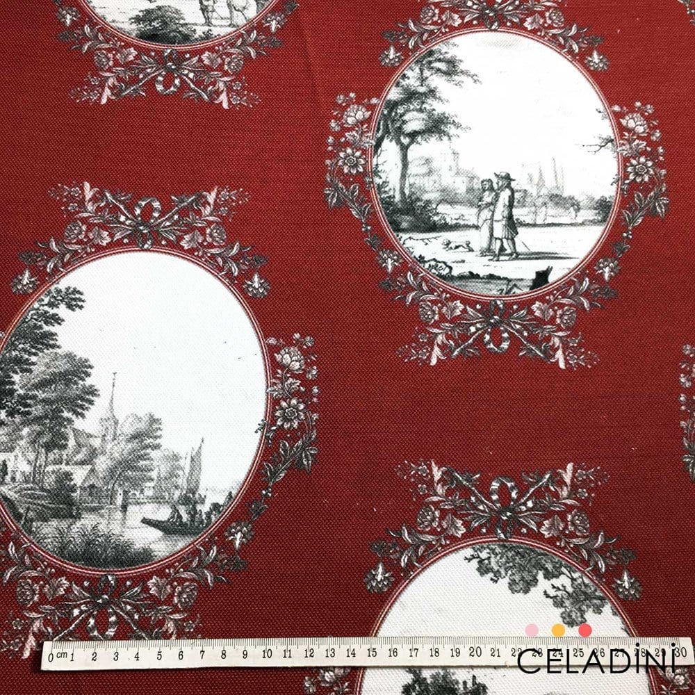 Bordo Toile de Jouy Desenli Kumaş