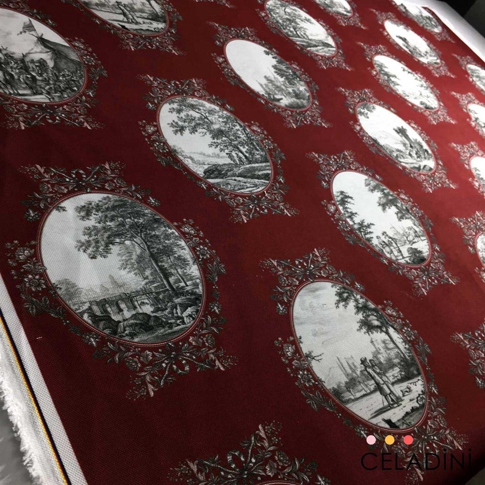 Bordo Toile de Jouy Desenli Kumaş