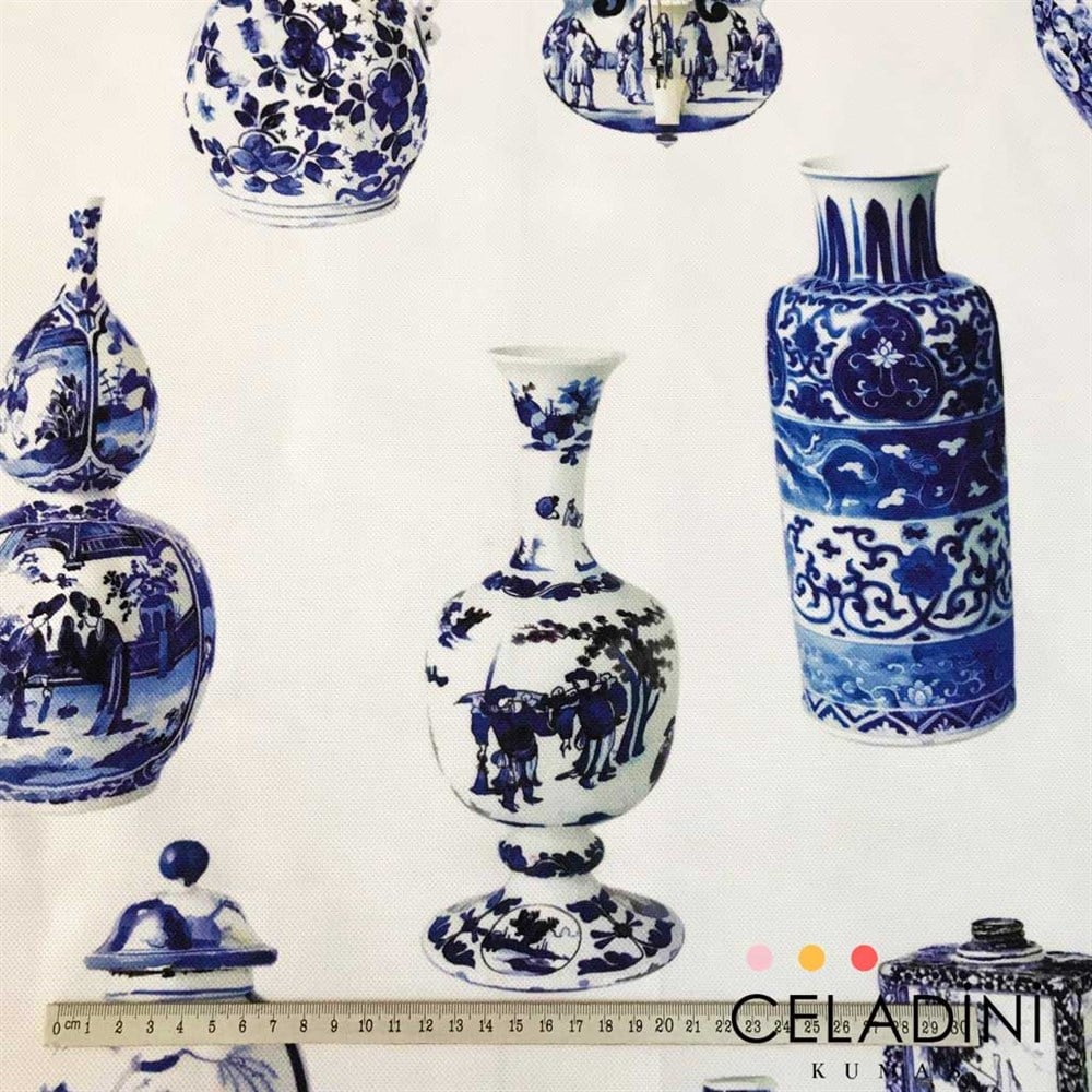 Çini Vazo Desenli Kumaş (Beyaz)