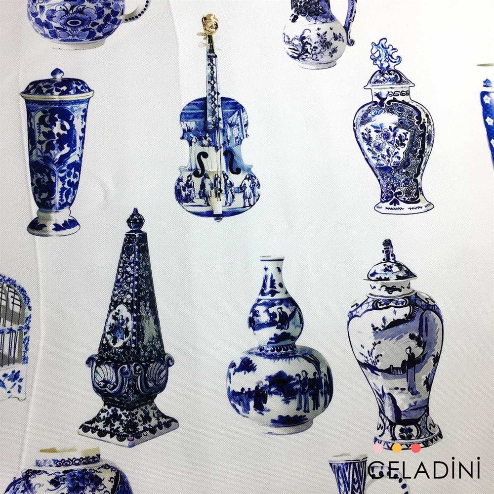 Çini Vazo Desenli Kumaş (Beyaz)
