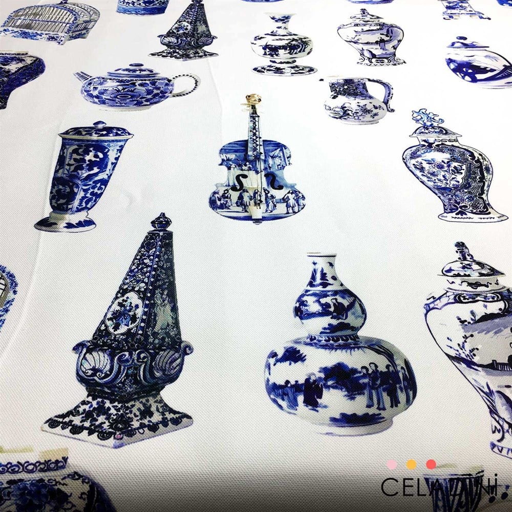 Çini Vazo Desenli Kumaş (Beyaz)