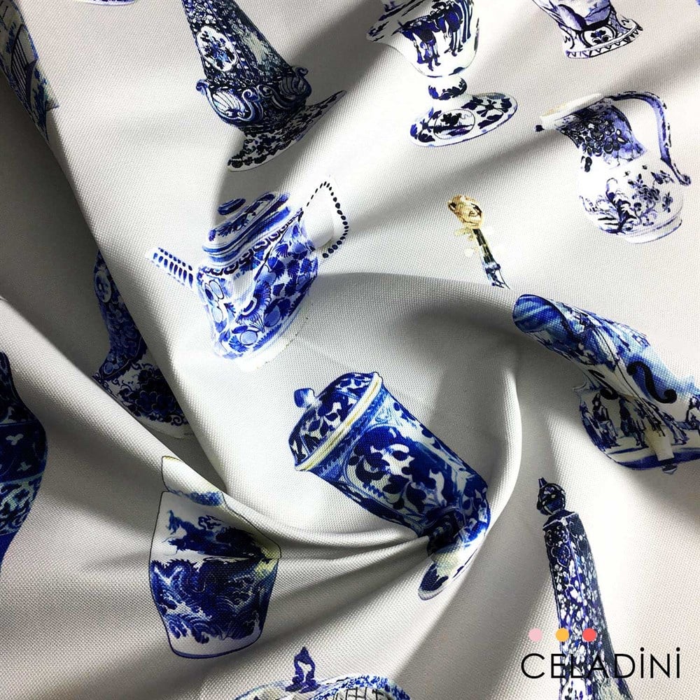 Çini Vazo Desenli Kumaş (Gri)