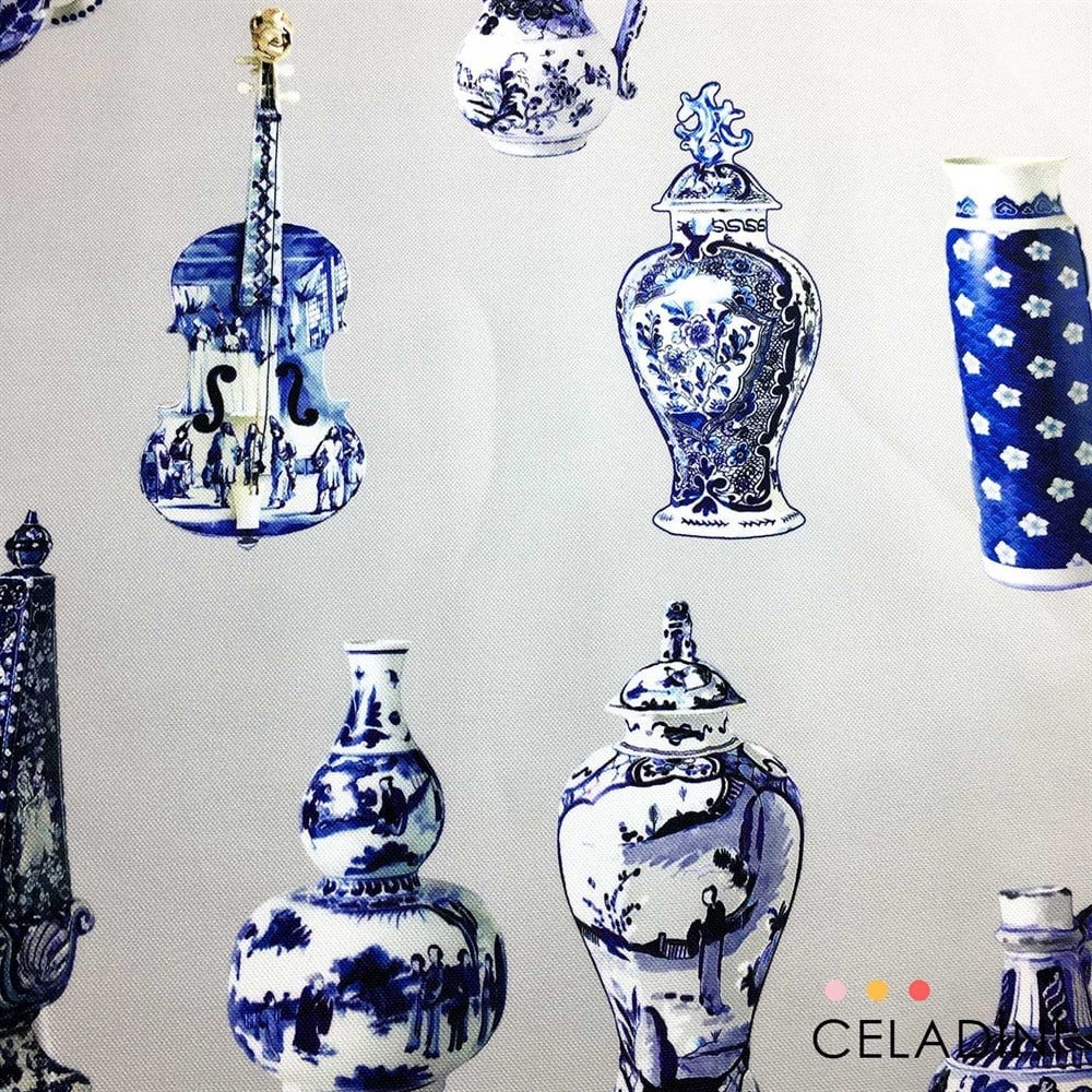 Çini Vazo Desenli Kumaş (Gri)
